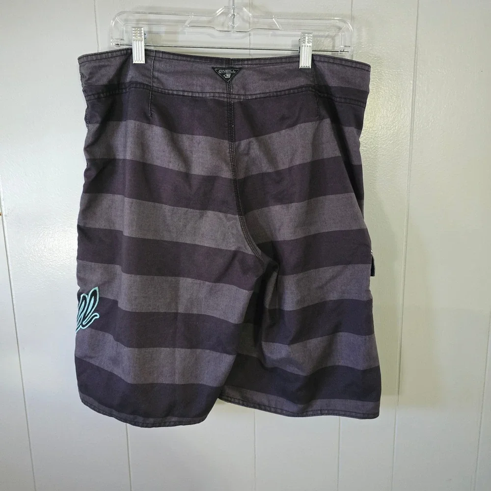 O'Neill Board‎ Shorts Mens 34 L Charcoal Black Striped Good Cargo Swim Trunks
